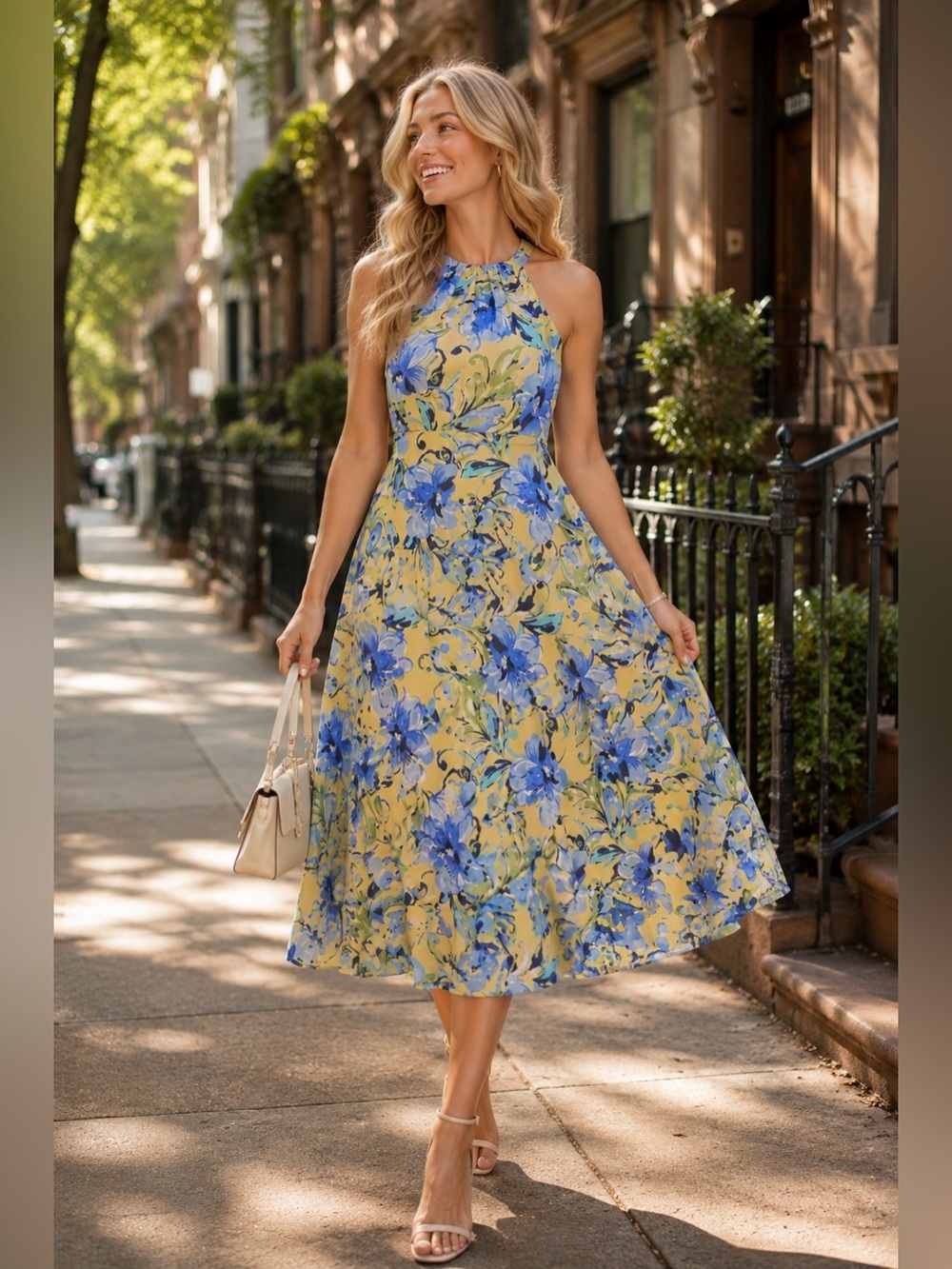 R&K Yellow Halter Midi Dress with Blue Floral Print